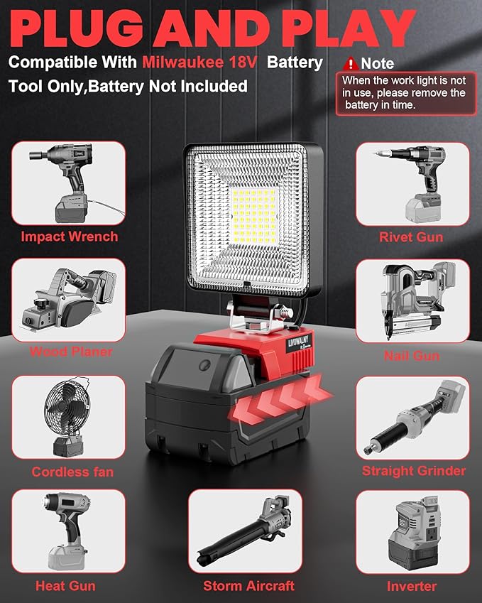 LIVOWALNY 30W LED Work Light Compatible with Milwaukee Battery, Portable 3000LM Flood Flashlight Tools 140° Adjustable Head with USB & Type C Output Port for Camping, Hiking, Construction, Emergency