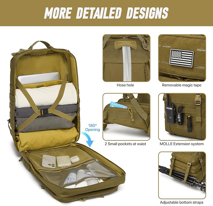 Tactical Backpack for Men, Water Resistant 45L Military Backpack, for Hiking, Camping, Gym with Molle System