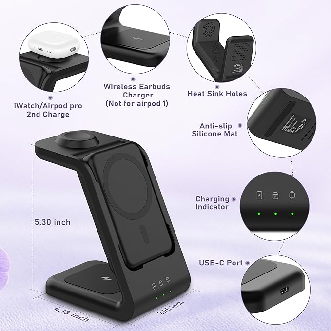 3 in 1 Wireless Charging Station: 5000mAh Removable Power Bank Charger Stand for Phone/Watch/Air Pods - Portable Magnetic Battery Pack for Air 17 16 15 14 13 12 Series