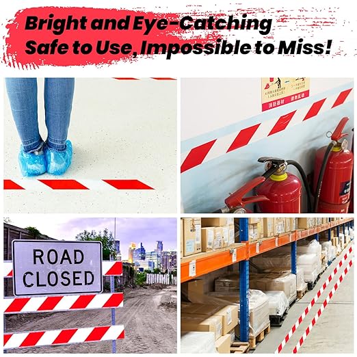 ADHES Hazard Tape Safety Warning Red White Stripe PVC Self Adhesive Caution Tape, for Floor Marking, Walls, Pipes and Equipment Marking, 2 Inch X 54 Feet