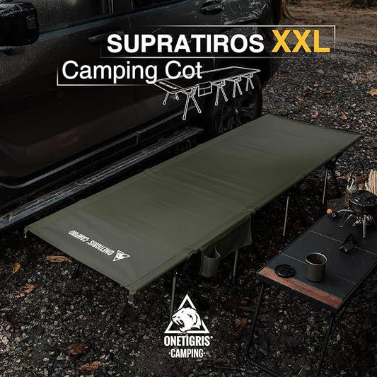 ONETIGRIS SUPRATIROS Extra Large Camping Cot, Height Adjustable Oversized Sleeping Cot with Extending Legs for Camping, Car Trips, Truck, Beach, Office Nap, Sturdy Supports Up to 400lbs (Ranger Green)