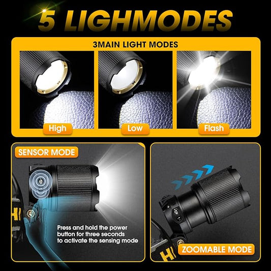 1,000,000 Lumens Rechargeable Headlamp, 5 Modes & IP68 Waterproof Head Lamp, Headlamps for Adults Rechargeable, 90°Adjustable Head Lights for Outdoor Camping, Hunting, Running