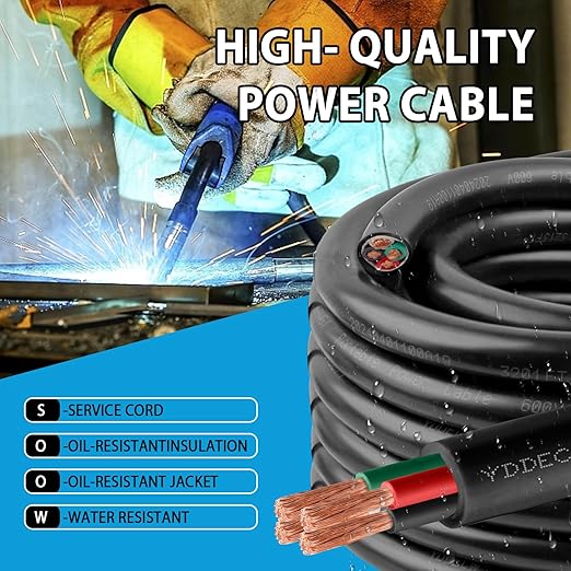 50ft 4/4 4 AWG Portable Power Cable (4 Conductor) - SOOW 600V 4 Gauge Electric Wire for Motor Leads, Portable Lights, Battery Chargers and Machinery - 4 Conductor - 50 Feet Electrical Cord