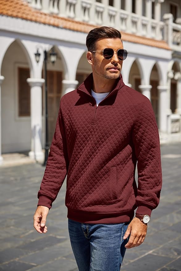 COOFANDY Mens Quarter Zip Pullover Quilted Sweatshirt Knit Long Sleeve Mock Neck Sweater Polo with Pocket