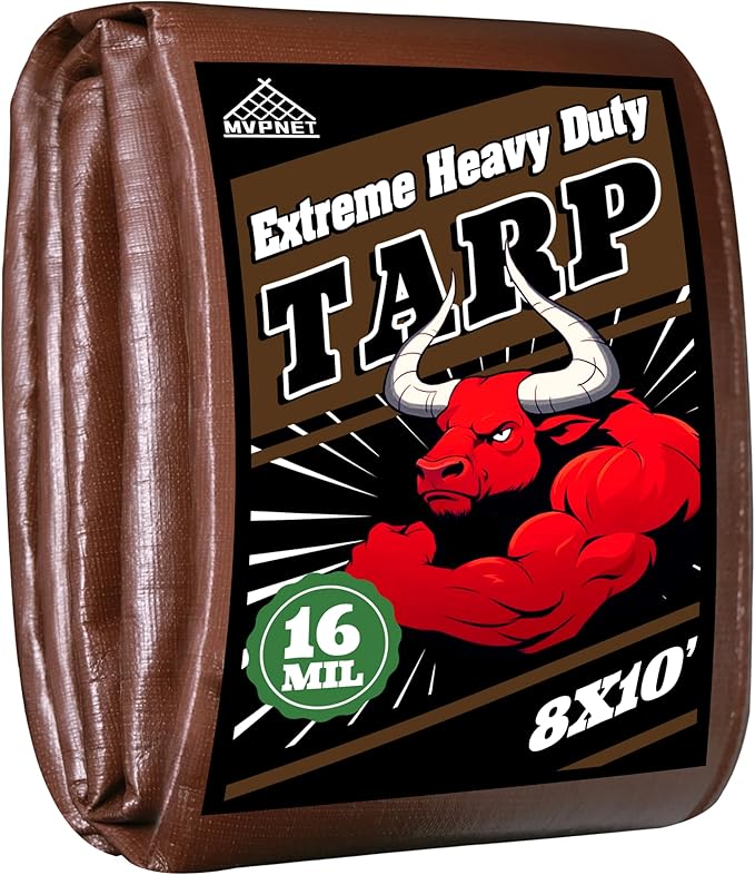 Tarp 8x10ft Heavy Duty Waterproof 16 Mil Tarps,UV-Resistant,Tear-Proof,Black&Brown Multipurpose Tarps,for Outdoor Pool,Camping,Tent,Roof,Garden,Etc -by MVPNET