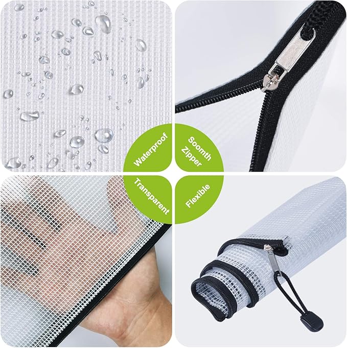 12 Pcs Plastic Mesh Zip File Bags, Waterproof Tear-Resistant Document File Folders, B5 Size Zipper Documents Pouch Document Organizer Bags for School Office Home Travel Storage(11.26×7.9 Inch)