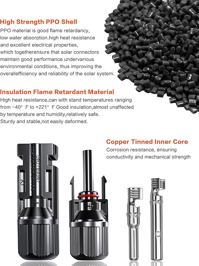 20Feet 10AWG Solar Extension Cable with Female & Male Connectors 6mm Solar Panel Weatherproof Wires for Solar Panels RV Marine Camper Ferry Black & Red PV Tinned Copper Extension Cord Kit