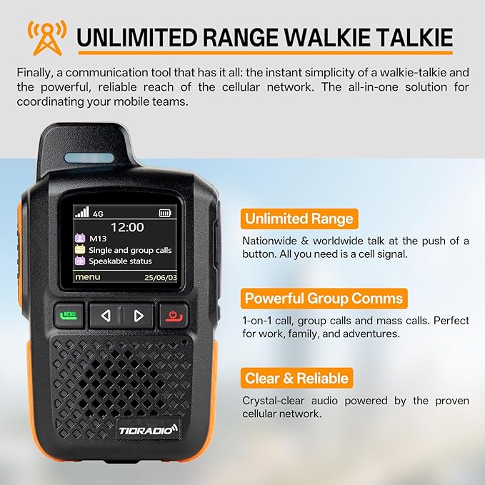 TIDRADIO Global Rapid Walkie Talkies Unlimited Range 4G LTE PoC(Push-to-Talk Over Cellular) Radios Nationwide PTT Long Range Two Way Radio for Family,Company,Logistics 2 Pack TD-M13 with SIM Card