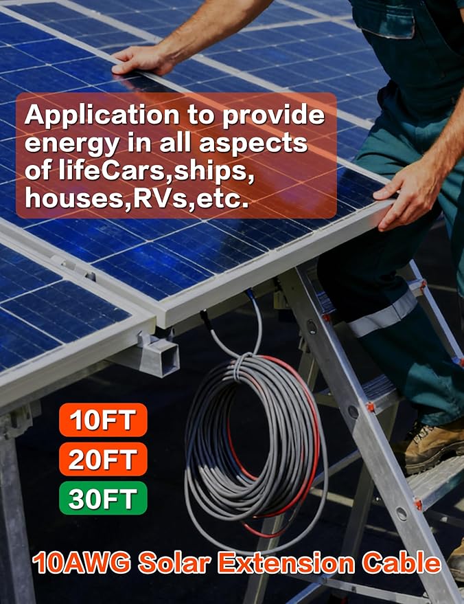 30Feet 10AWG Solar Extension Cable with Female & Male Connectors 6mm Solar Panel Weatherproof Wires for Solar Panels RV Marine Camper Ferry Black & Red PV Tinned Copper Extension Cord Kit