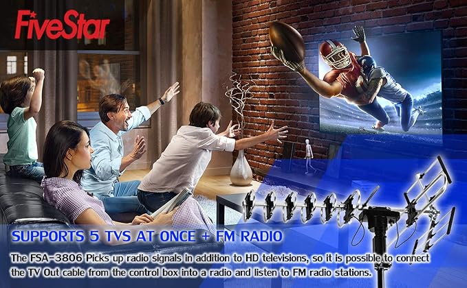Five Star Outdoor HD TV Antenna Strongest Up to 200 Miles Long Range with Motorized 360 Degree Rotation, UHF/VHF/FM Radio with Infrared Remote Control Advanced Design Plus Installation Kit