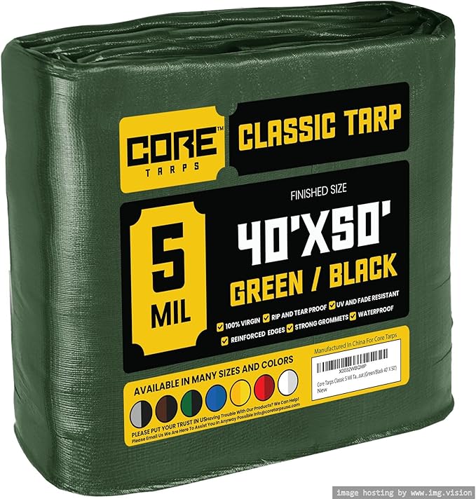 Core Tarps Classic 5 Mil Tarp Cover, Waterproof, UV Resistant, Rip and Tear Proof, Poly Tarpaulin with Reinforced Edges for Roof, Camping, Patio, Pool Cover, Boat (Green/Black 40′ X 50′)
