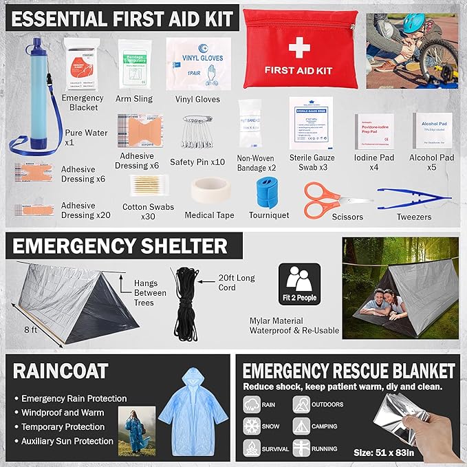Gifts for Men Christmas Survival Kit, Survival Gear and Equipment 258 PCS with Water Filter, Emergency Tent, LED Lantern, First Aid Kit Supplies, 25L Backpack for Family, Outdoor Camping, Hiking
