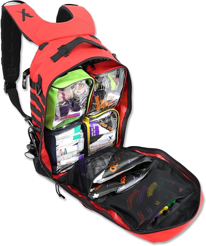 Lightning X Fully Stocked TacMed First Responder Trauma Medical Backpack EMT Kit | MB45-SKF | w/Professional First Aid Emergency Supplies (Red)