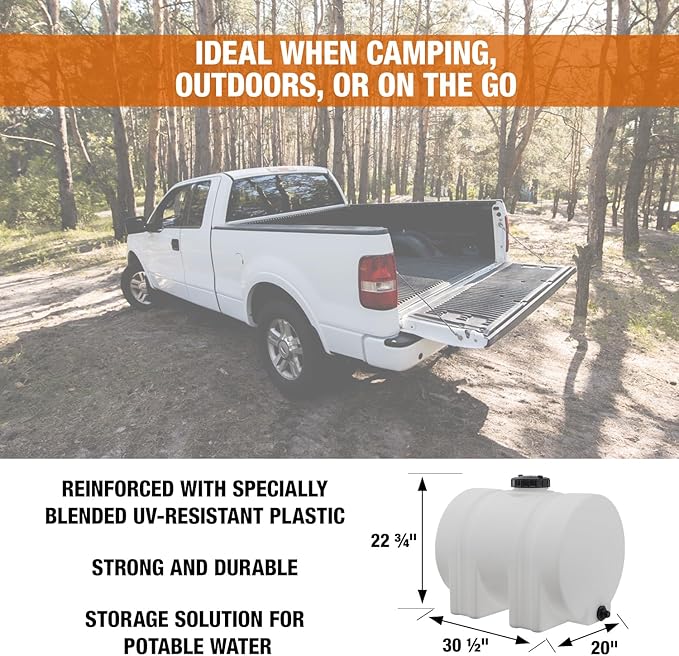 RomoTech 35 Gallon Polyethylene Storage Tank with Legs–Heavy-Duty Horizontal Water Storage Tank for Farms, Industrial or Chemical Use–UV-Resistant, Rustproof, BPA-Free Plastic Liquid Tank, 82126189