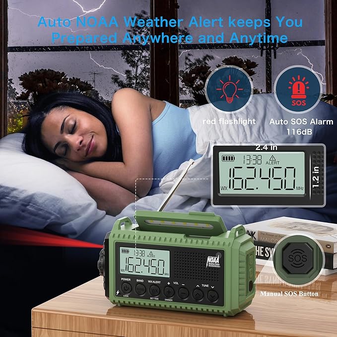 NOAA Weather Radio 12000mAh - Emergency Radio Hand Crank Solar Battery Operated Portable AM/FM Shortwave Radio with USB-C Charger, Flashlight, SOS Alert for Home Outdoor Hurricane Survival