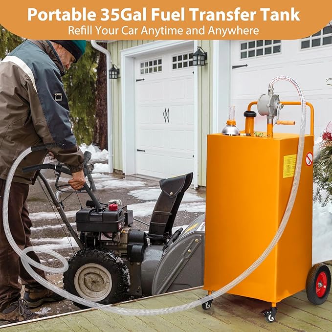 Upgraded 35 Gallon Fuel Caddy, Manual Hand Pump & Easy-Roll Wheels, Heavy-Duty UV-Resistant Steel Tank for Gas & Diesel, Portable Fuel Storage for Tractors, Mowers, Boats