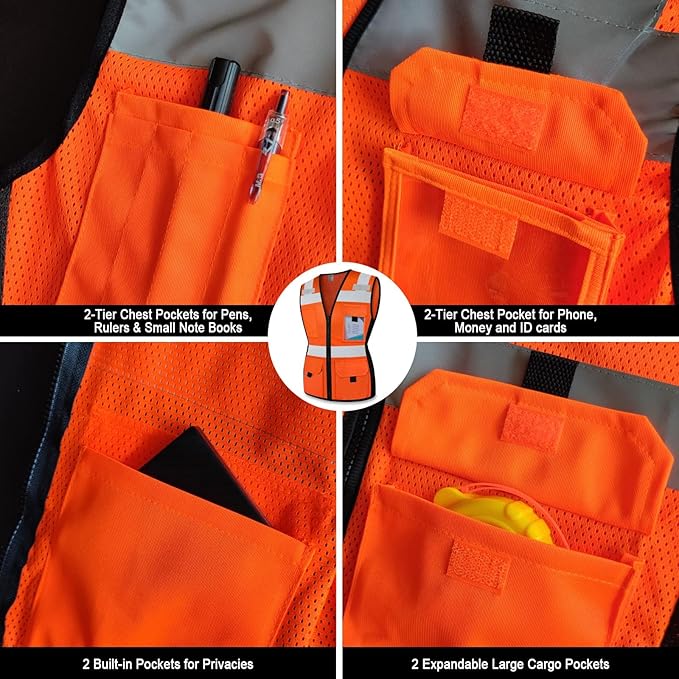 TCCFCCT Safety Vest for Women 11 Pockets Mesh Reflective Vest with Zipper, High Visibility Neon Construction Work Vest for Lady Workers/Surveyors/Drivers, Snug-Fit & Durable, ANSI Compliant, Orange M