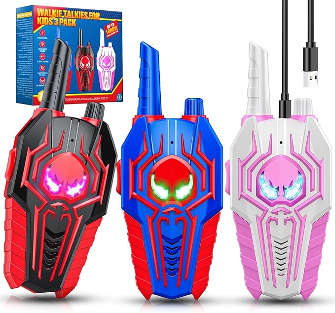 Rechargeable Walkie Talkies for Kids: 3 Pack Kids Walkie-Talkies Toys for 3 4 5 6 7 8 9 Year Old Boys Gifts Family Camping Toy for Boy Kid Age 3-5 5-7 7-9, 2 Way Radio Boy Gift