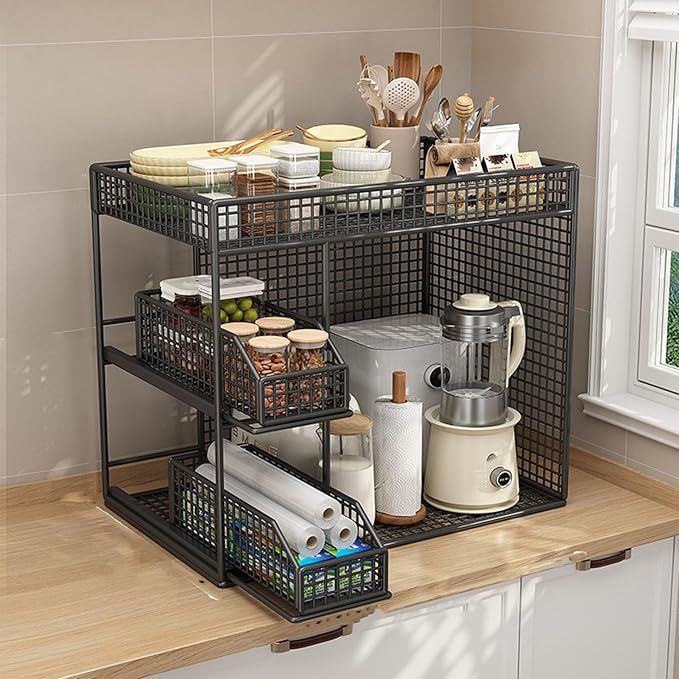 Mobile Storage Rack, Wide Opening Kitchen Storage Cart Rolling Utility Cart with 360 Rotating Wheels & Pull Out Baskets Kitchen Organizer for Bowls, Dishes, Utensils (Black)
