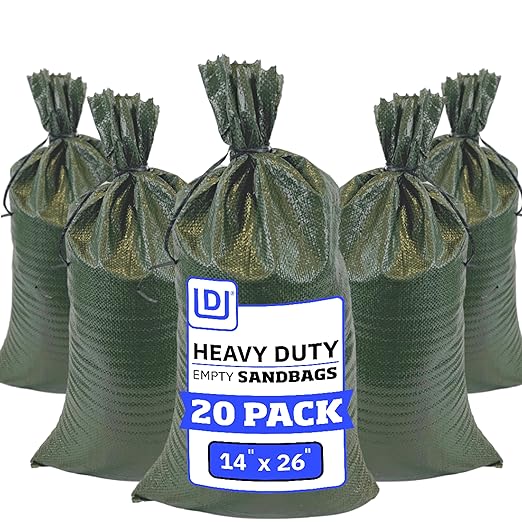 DURASACK Heavy Duty Sand Bags with Tie Strings Empty Woven Polypropylene Sand-Bags for Flood Control with 1600 Hours of UV Protection, 50 lbs Capacity, 14x26 inches, Green, Pack of 20