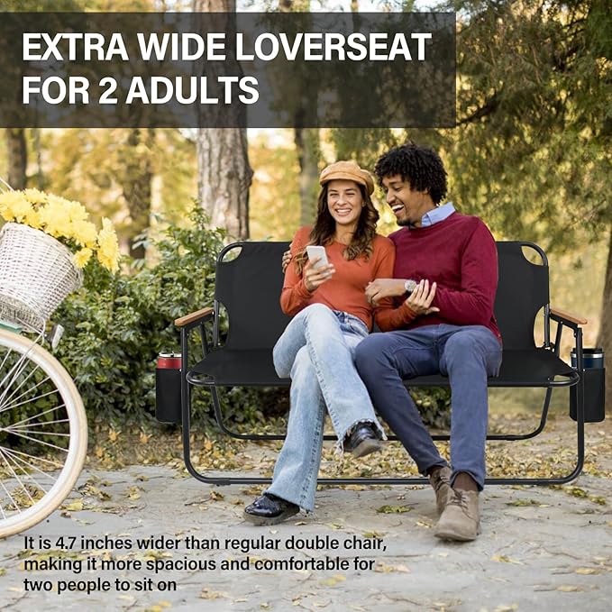 ptlsy 2 Person Camping Chair Oversized Loveseat Camping Chair Double Camping Chairs for Adults Heavy Duty Camping Couch Black Outdoor Folding Chair Portable Patio Lawn Chair