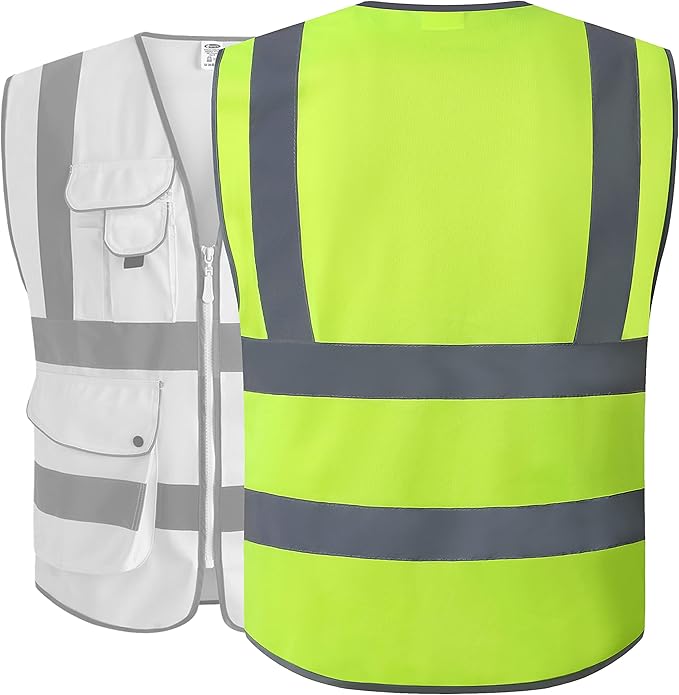 JKSafety 9 Pockets Class 2 High Visibility Zipper Front 6 Pack Safety Vest With Reflective Strips,Meets ANSI/ISEA Standard (155 Yellow XL)