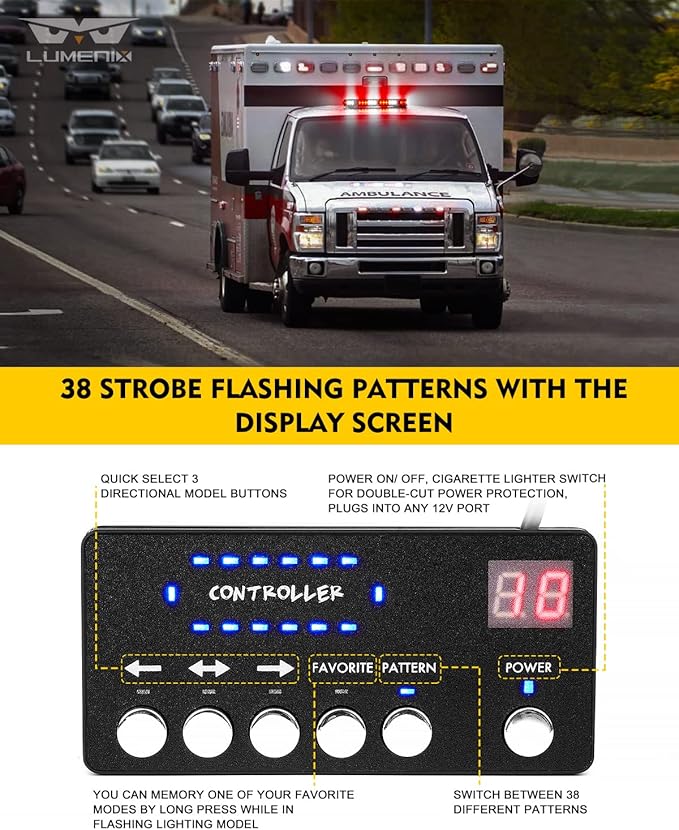 LUMENIX 42 LED Roof Top Strobe Beacon Light Bar Hazard Warning Emergency Flashing Firefighter Lights with Controller for First Responder Vehicles Fire Trucks Snowplow White Red (Patent Design)