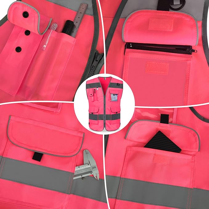 TCCFCCT Reflective Safety Vest 9 Pockets High Visibility Vest for Men Women, Hi Vis Construction Work Vest with Reinforced Sewing, Durable to Use, Meets ANSI/ISEA Standards, (Pink, 5X-Large)
