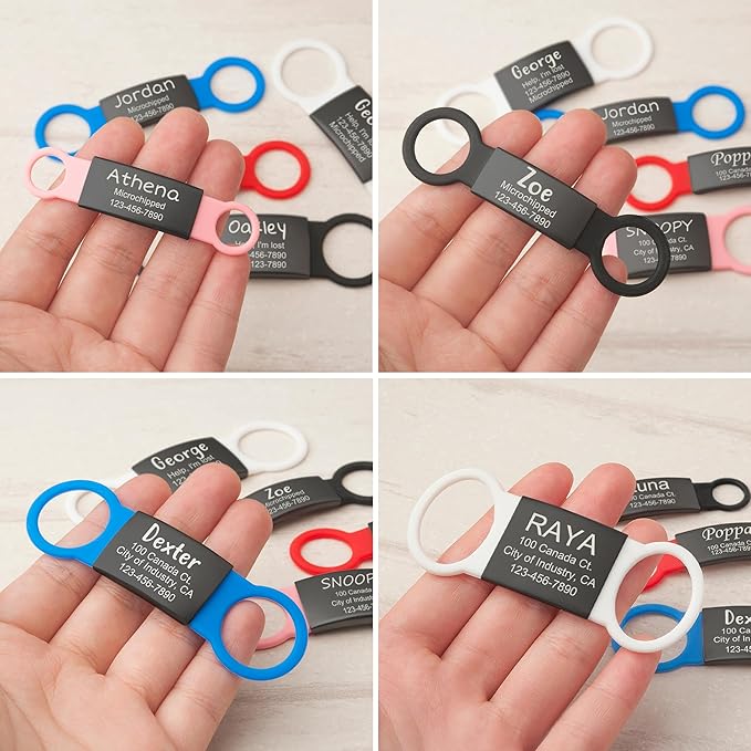 Anavia Slide On Silent Pet ID Tags, S/M/L/XL Personalized Black Stainless Steel Colored Silicone Cat Dog Name Tag, Customized Engraved Nameplate, Quiet Chew-Proof Pet Collar Tag (Pink, X-Large)