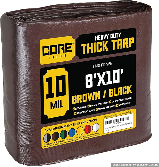 Core Tarps Heavy Duty 10 Mil Tarp Cover, Waterproof, UV Resistant, Rip and Tear Proof, Poly Tarpaulin with Reinforced Edges for Roof, Camping, Patio, Pool, Boat (Brown/Black 8′ X 10′)