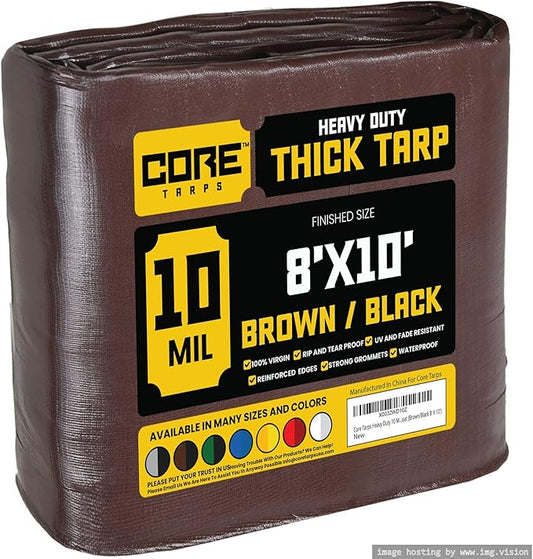 Core Tarps Heavy Duty 10 Mil Tarp Cover, Waterproof, UV Resistant, Rip and Tear Proof, Poly Tarpaulin with Reinforced Edges for Roof, Camping, Patio, Pool, Boat (Brown/Black 8′ X 10′)