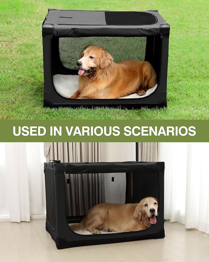 33-Inch Collapsible Travel Dog Crate, Portable 4-Door Soft Kennel for Medium to Large Dogs, Chew-Proof Mesh Windows, Indoor/Outdoor Use, Foldable, with Storage Bag (Black)