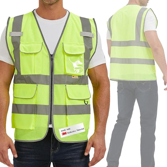 SIFE Reflective Safety Vest High Visibility Vest With 7 Pockets And YKK Zipper, ANSI/ISEA Class 2 Standard, Made With 3M Reflective Tape(03YG-Yellow Mesh,L)
