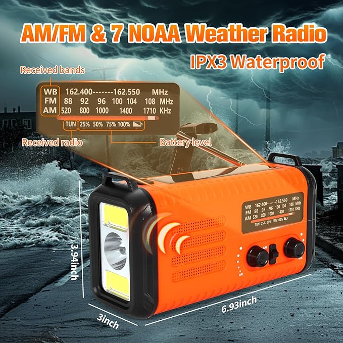 Hand Crank Emergency Radio, NOAA Weather Radio with AM/FM & Solar Radio, 20000mAh Rechargeable Battery Powered, Cell Phone Charging, 3 Modes Flashlight Reading Lamp, SOS Alarm for Emergency