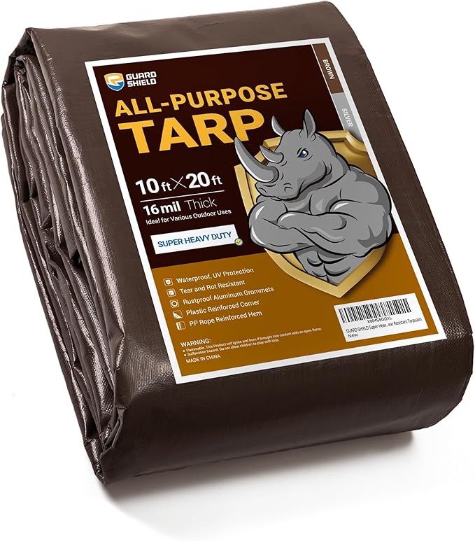 GUARD SHIELD Super Heavy Duty Brown/Silver Ploy Tarp Cover 10x20 Feet Waterproof Tarps 16mil Thick UV and Tear Resistant Tarpualin