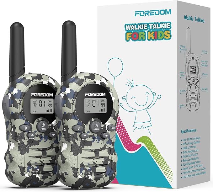 FOREDOM Walkie Talkies for Kids Walkie Talkies Long Range for Boys & Girls Age 3 to 12 Year Old Birthday Cool Army Toys - 2 Pack