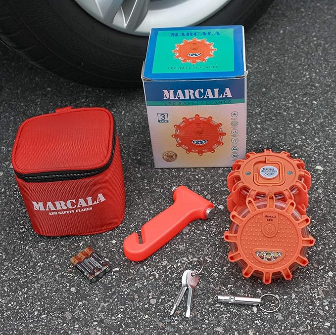 Marcala 3-Pack Emergency Lights for Vehicles | DOT Compliant Emergency Flares for Car with Batteries, Whistle & Case | LED Road Flares | Emergency Roadside Lights | Drive and Feel Safer on the Road!