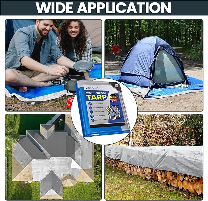 TICONN Heavy Duty Tarp Cover, Extra Thick Tarps Waterproof Tear and Rip Proof UV Resistant Tarpaulin with Reinforced Grommets and Edges (5.5 Mil, 6'x8')