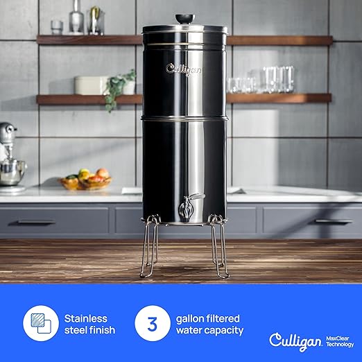 Culligan MaxClear 3 Gallon Gravity Water Filter System, Polished Stainless-Steel Countertop Water Filter NSF/ANSI Certified to Reduce Microplastics, Lead & Total PFAS, with 3 Ceramic Filters