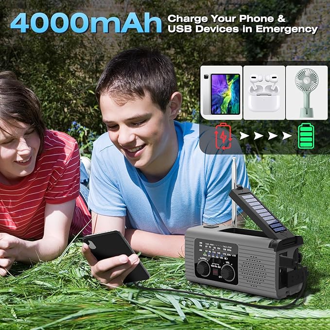 Emergency Radio 4000mAh Solar Hand Crank AM/FM/NOAA Portable Weather Radio with Phone Charger, LED Flashlight, Reading Lamp, SOS Alarm, Headphone Jack for Indoor Outdoor Emergency, USB Charged