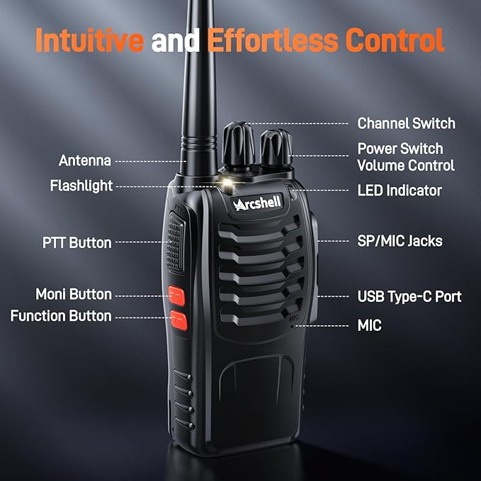 Rechargeable Long Range Two-Way Radios with Earpiece 4 Pack Arcshell AR-5 Walkie Talkies Li-ion Battery and Charger Included