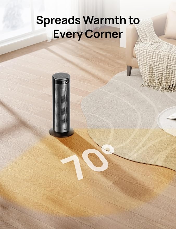 Dreo Space Heater for Large Room, 20 Inch Electric Heaters for Indoor Use, 8 Safe Protection Tower with Dreo FortPlug, 70° Oscillation, PTC Ceramic with Remote, Quiet, 12H Timer, Bedroom, Office
