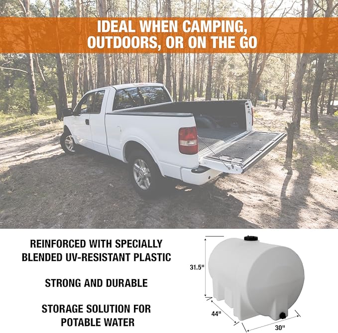 RomoTech 125 Gallon Polyethylene Storage Tank with Legs–Heavy-Duty Horizontal Water Storage Tank for Farms, Industrial or Chemical Use–UV-Resistant, Rustproof, BPA-Free Plastic Liquid Tank, 82123949