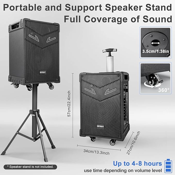GTSK10-3 Portable Bluetooth PA Speaker & Karaoke Machine for Home, Adults, Kids & Family - 3-Way Wireless with 10" Subwoofer, Dual Mics, TWS for Parties & Outdoors