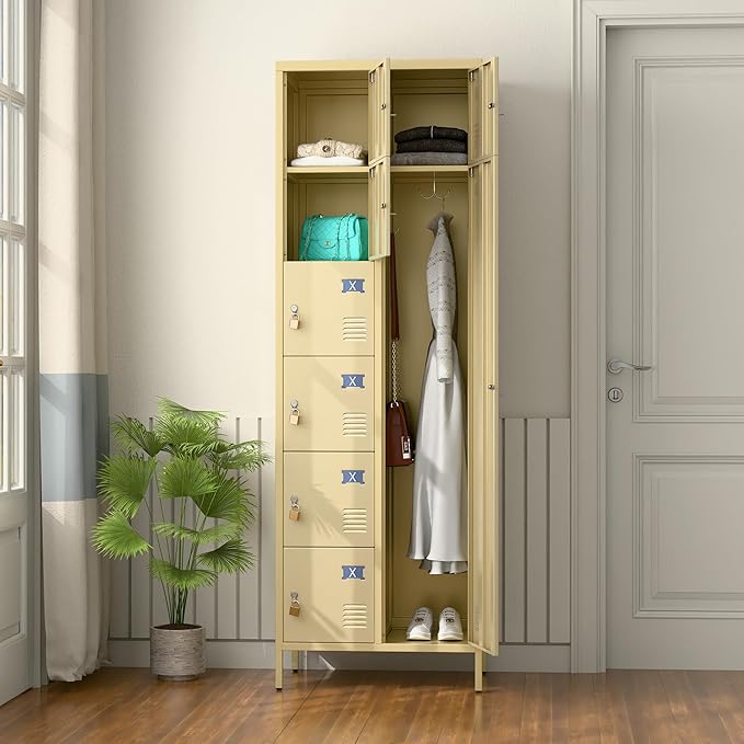 8 Doors Metal Lockers for Employees, 72" H Steel Lockable Storage Lockers with 3 Hooks and 8 Card Holder for Office, Home, Gym, School, Employees, Camel