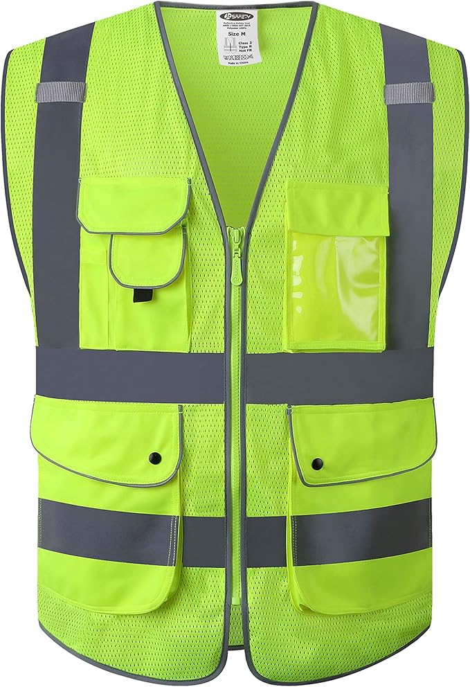 JKSafety 9 Pockets High Visibility Safety Vest for Men and Women, Hi-Vis Reflective Yellow Safety Vests with Zipper Front, Meet ANSI/ISEA Class 2 Type R(159-Yellow M)