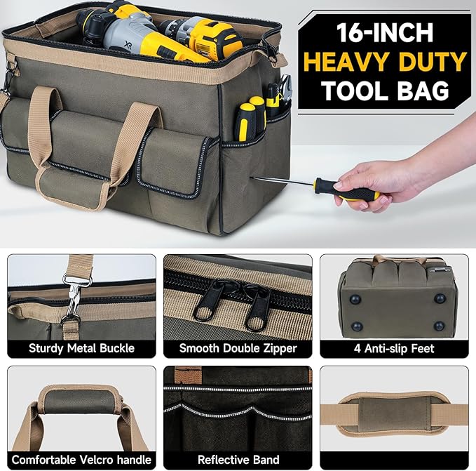 Tool Bag,16-Inch Heavy Duty Tool Bags for Men,27 Pockets Tool Box Organizer Storage,Wide Mouth Toolbag Tools Tote Carrying Case for Dad,Mechanic,Electrician,Bag Only