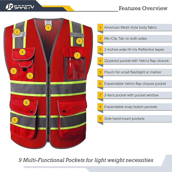 JKSafety 9 Pockets Hi-Vis Neon Red Zipper Front MESH Safety Vest with Fluorescent Yellow Extend Edge outlining the Reflective Tapes Meet ANSI/ISEA Class 2 Standard (100-Red, Medium)