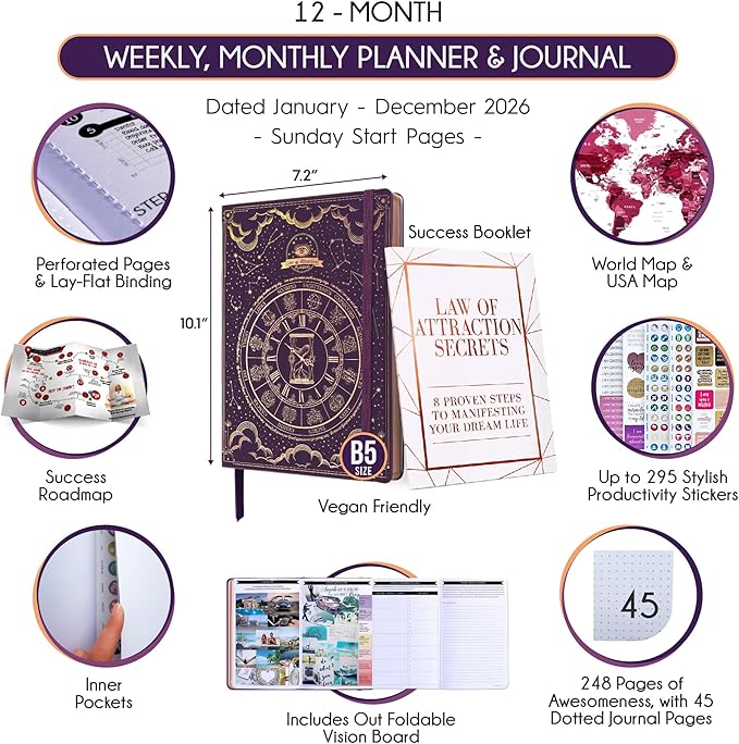 Deluxe 2026 Planner Weekly and Monthly | Law of Attraction Planner with Productivity App | 12-Month for Productivity, Gratitude & Goal Setting | Includes Foldable Vision Board, Gift Box & Stickers