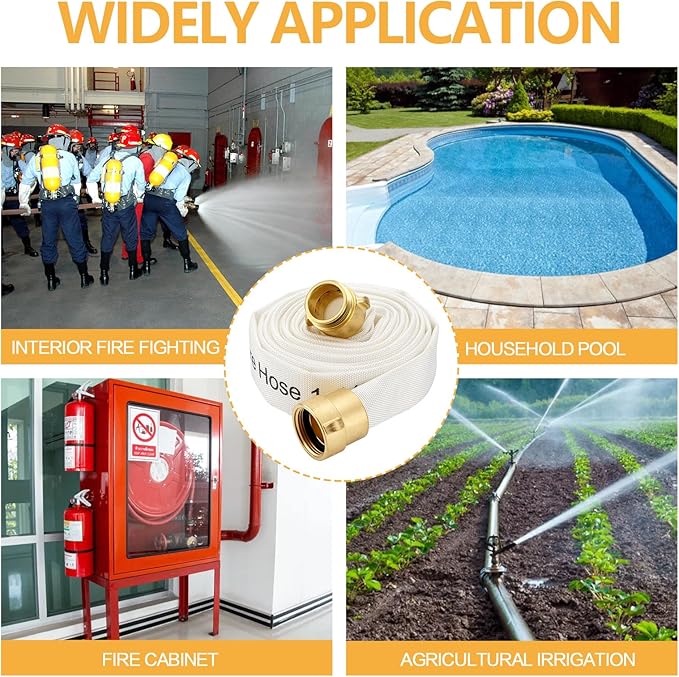 Fire Hose,1-1/2" ID X 25 FT, Single Jacket TPU, 450 PSI Burst Pressure, Industrial Fire Hose with NST/NH Brass Couplings for Indoor Use